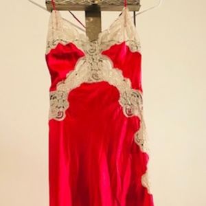 red & white lace maxi slip lingerie w/side slit
